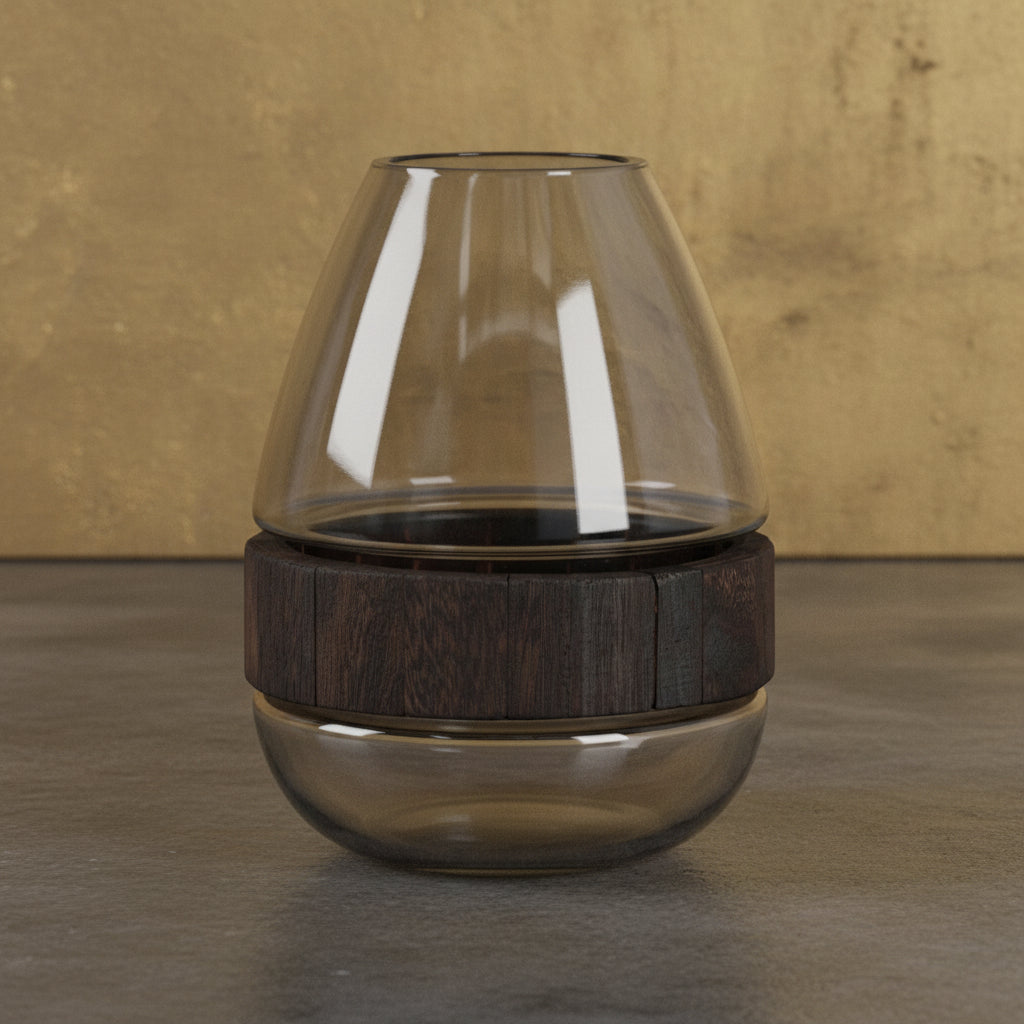 Glass, 10" Belly Vase W/ Wood Band, Clear