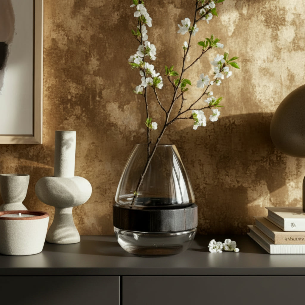 Glass, 10" Belly Vase W/ Wood Band, Clear