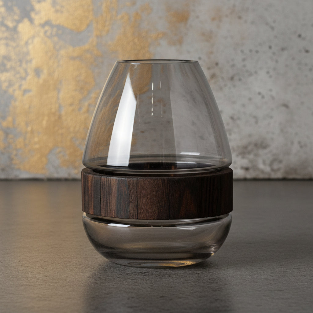 Glass, 10" Belly Vase W/ Wood Band, Clear