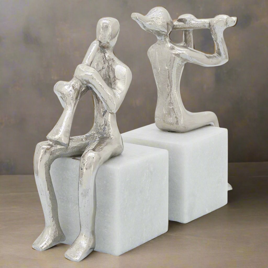 S/2 Metal Musicians On Marble Base, Silver