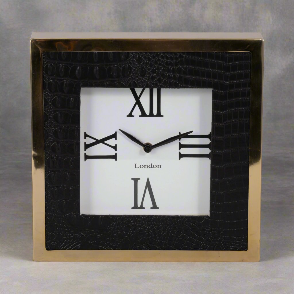 10&quot; Faux Leather Croc Square Clock, Black/gold