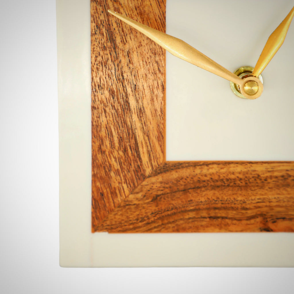 5" Square Resin Clock With Wood Inlay, Ivory/natur