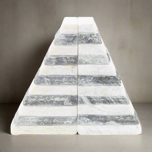 S/2 Marble 7&quot;h Pyramid Bookends, White/gray