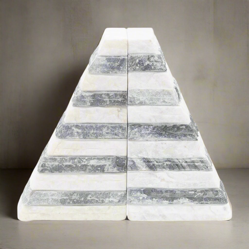 S/2 Marble 7"h Pyramid Bookends, White/gray