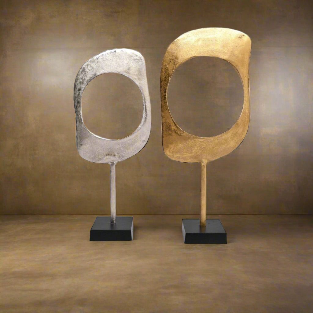 Gold & Nickel Aluminum Ring Sculptures with Black Base – Set of 2 (23" & 21" H)