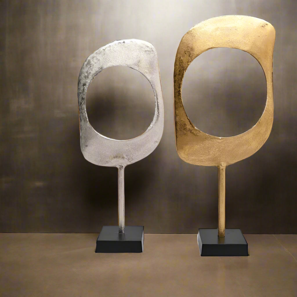 Gold & Nickel Aluminum Ring Sculptures with Black Base – Set of 2 (23" & 21" H)