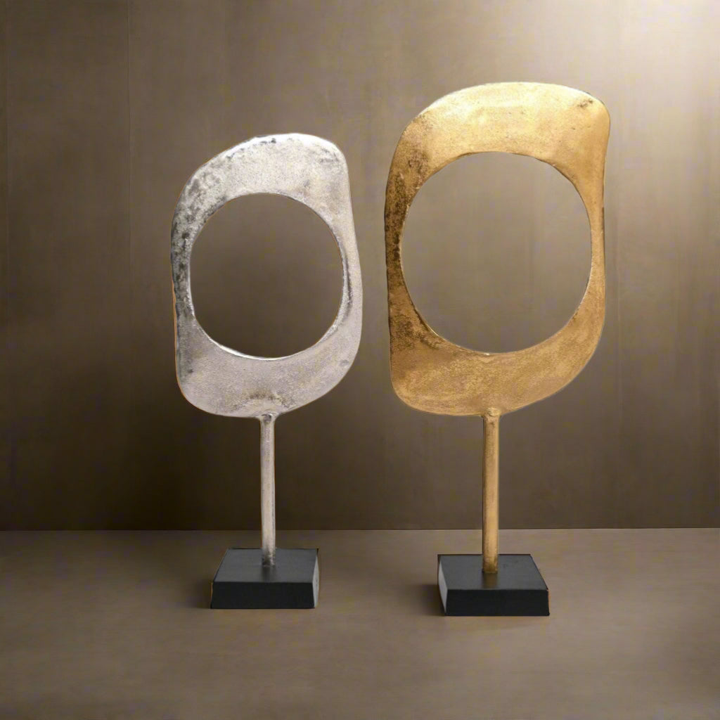 Gold & Nickel Aluminum Ring Sculptures with Black Base – Set of 2 (23" & 21" H)