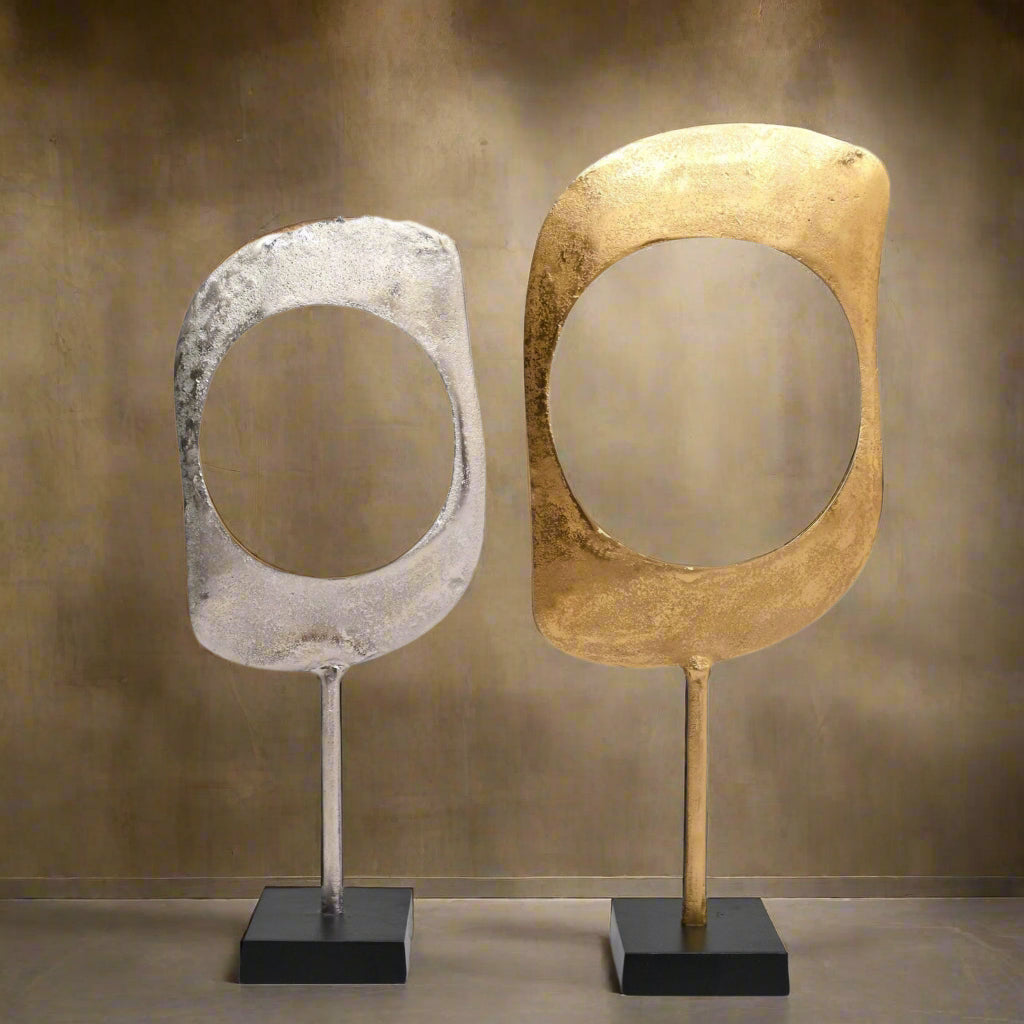 Gold & Nickel Aluminum Ring Sculptures with Black Base – Set of 2 (23" & 21" H)