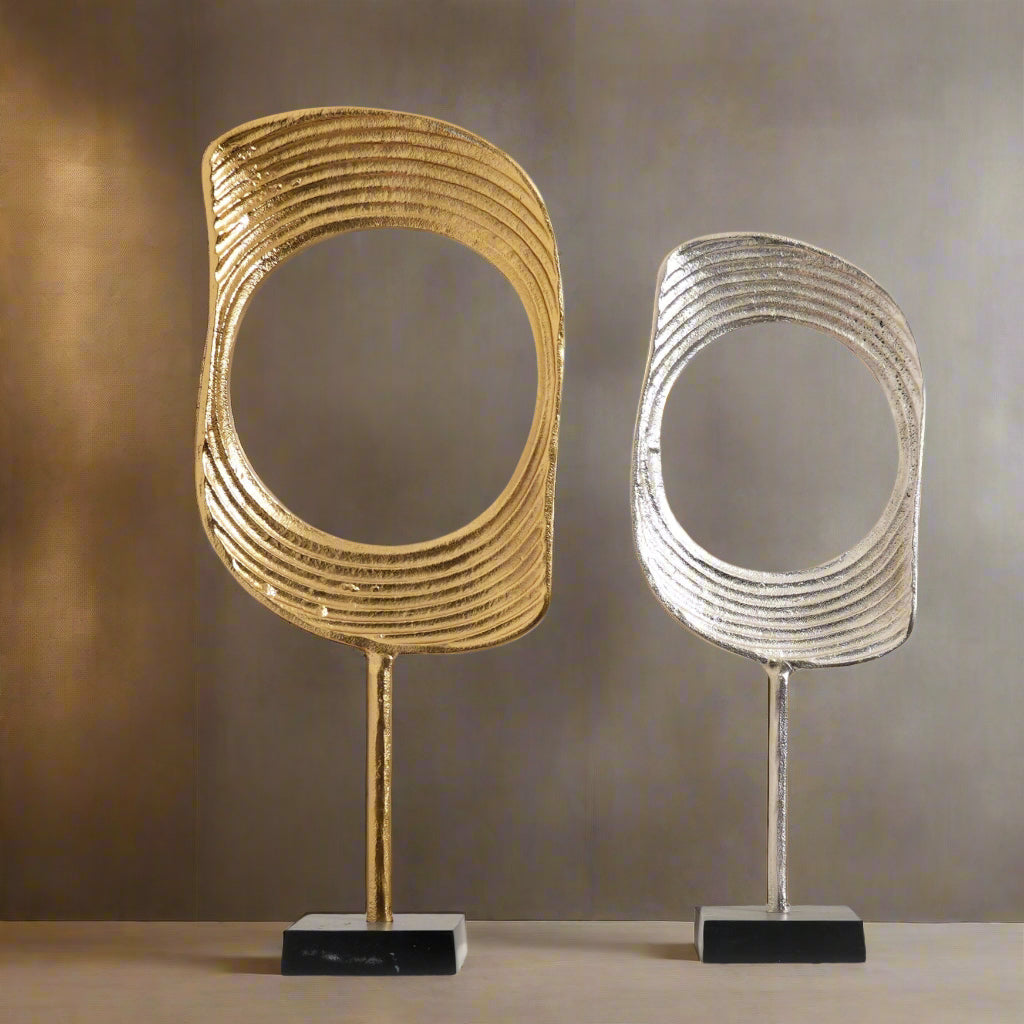 Gold & Nickel Aluminum Ring Sculptures with Black Base – Set of 2 (23" & 21" H)