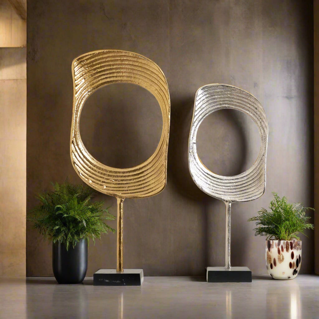 Gold & Nickel Aluminum Ring Sculptures with Black Base – Set of 2 (23" & 21" H)