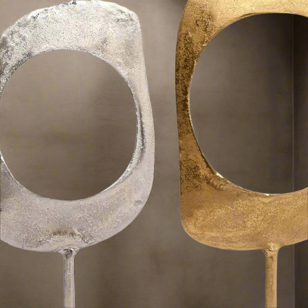 Gold & Nickel Aluminum Ring Sculptures with Black Base – Set of 2 (23" & 21" H)