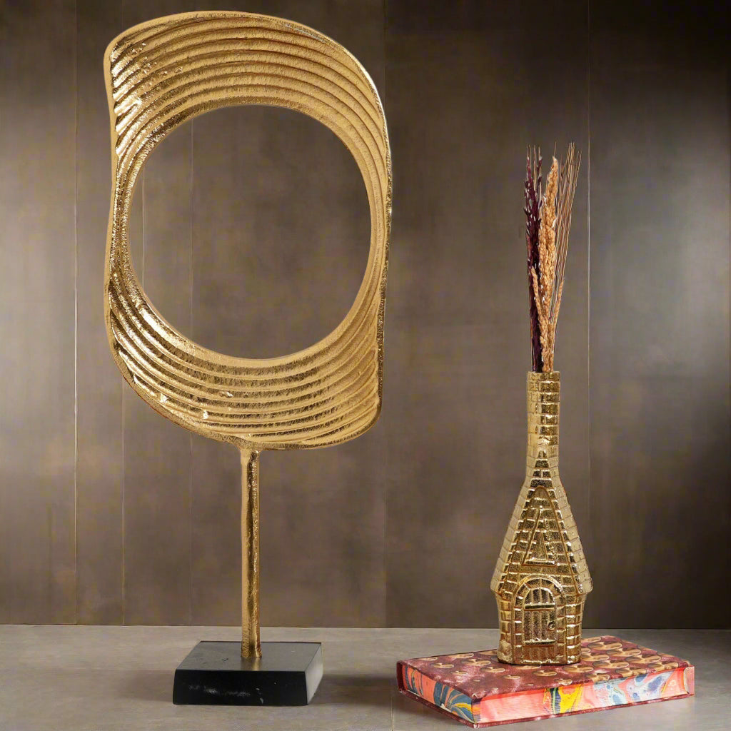 Gold & Nickel Aluminum Ring Sculptures with Black Base – Set of 2 (23" & 21" H)