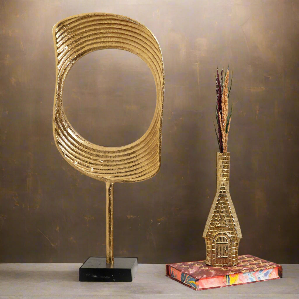 Gold & Nickel Aluminum Ring Sculptures with Black Base – Set of 2 (23" & 21" H)