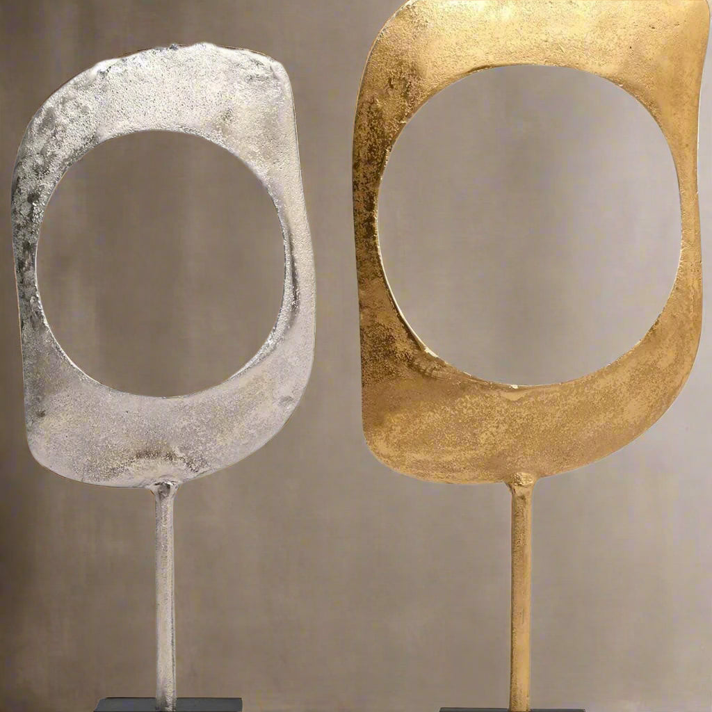 Gold & Nickel Aluminum Ring Sculptures with Black Base – Set of 2 (23" & 21" H)