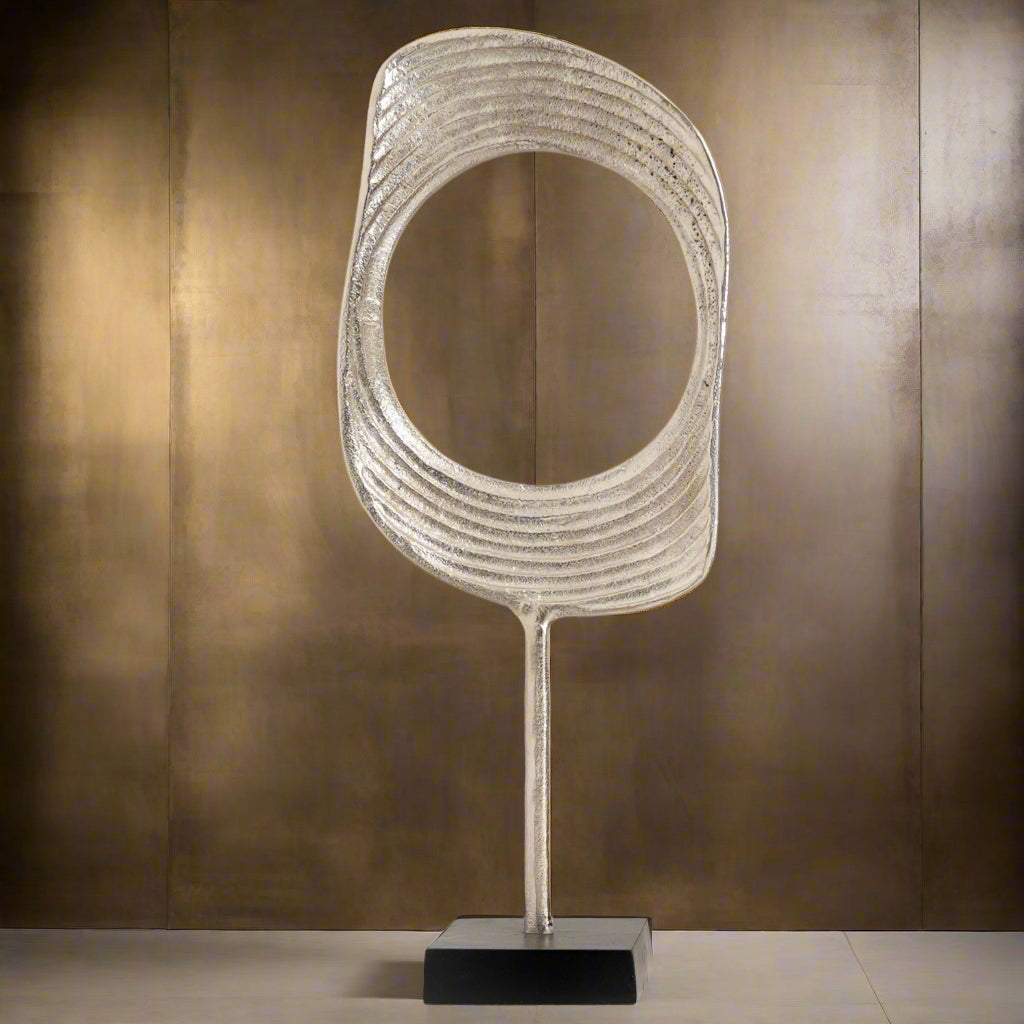 Gold & Nickel Aluminum Ring Sculptures with Black Base – Set of 2 (23" & 21" H)