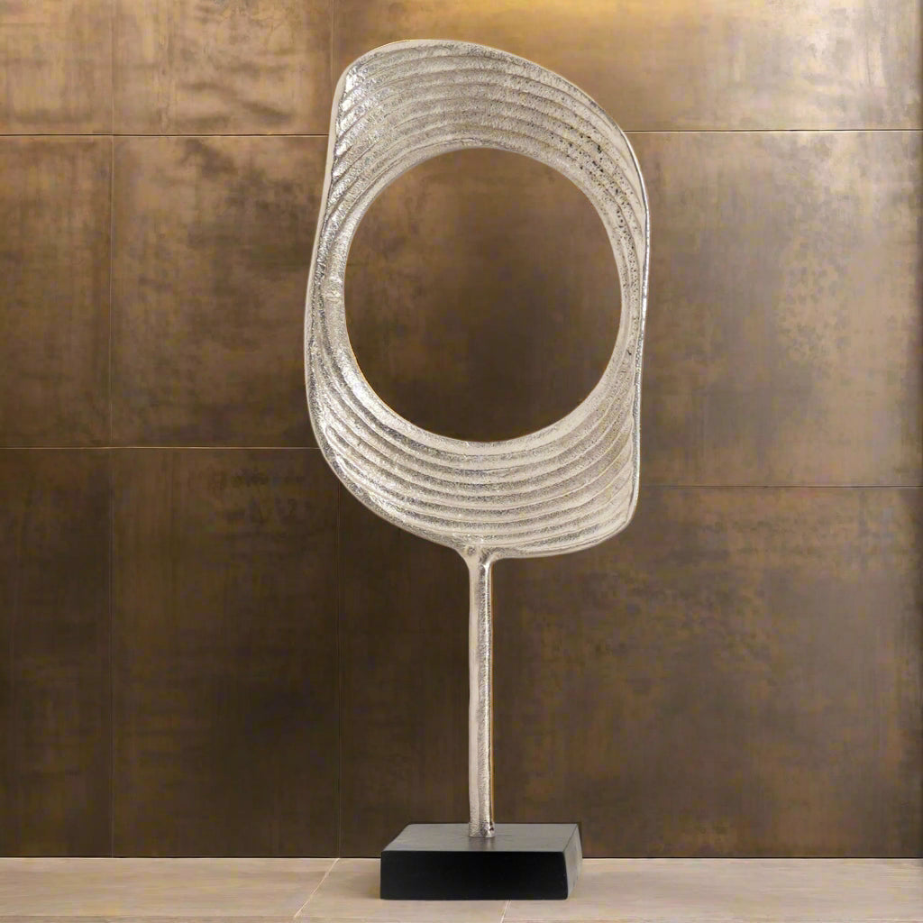 Gold & Nickel Aluminum Ring Sculptures with Black Base – Set of 2 (23" & 21" H)