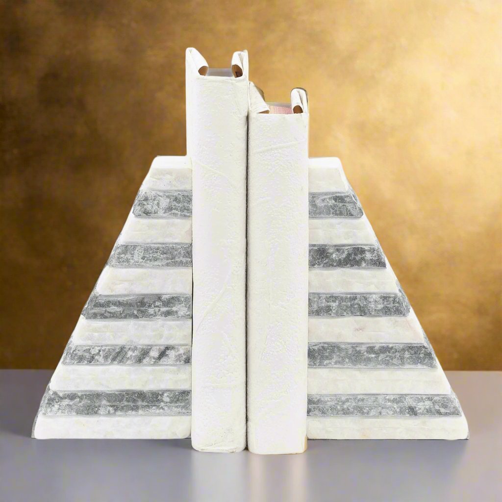 S/2 Marble 7&quot;h Pyramid Bookends, White/gray