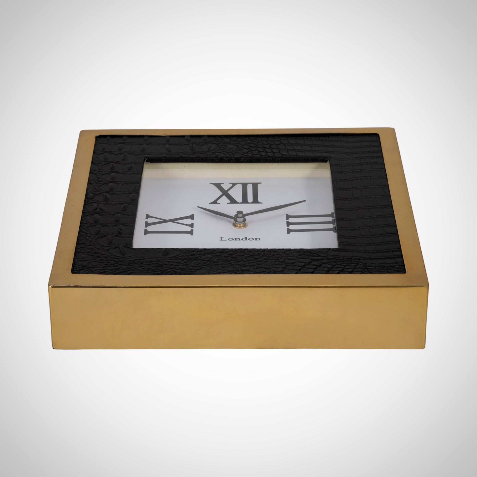 10&quot; Faux Leather Croc Square Clock, Black/gold