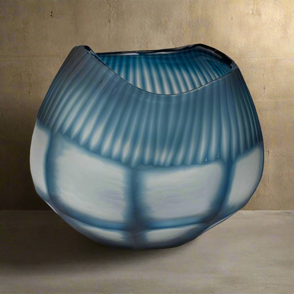 Glass, 9&quot; Carved Bowl Blue