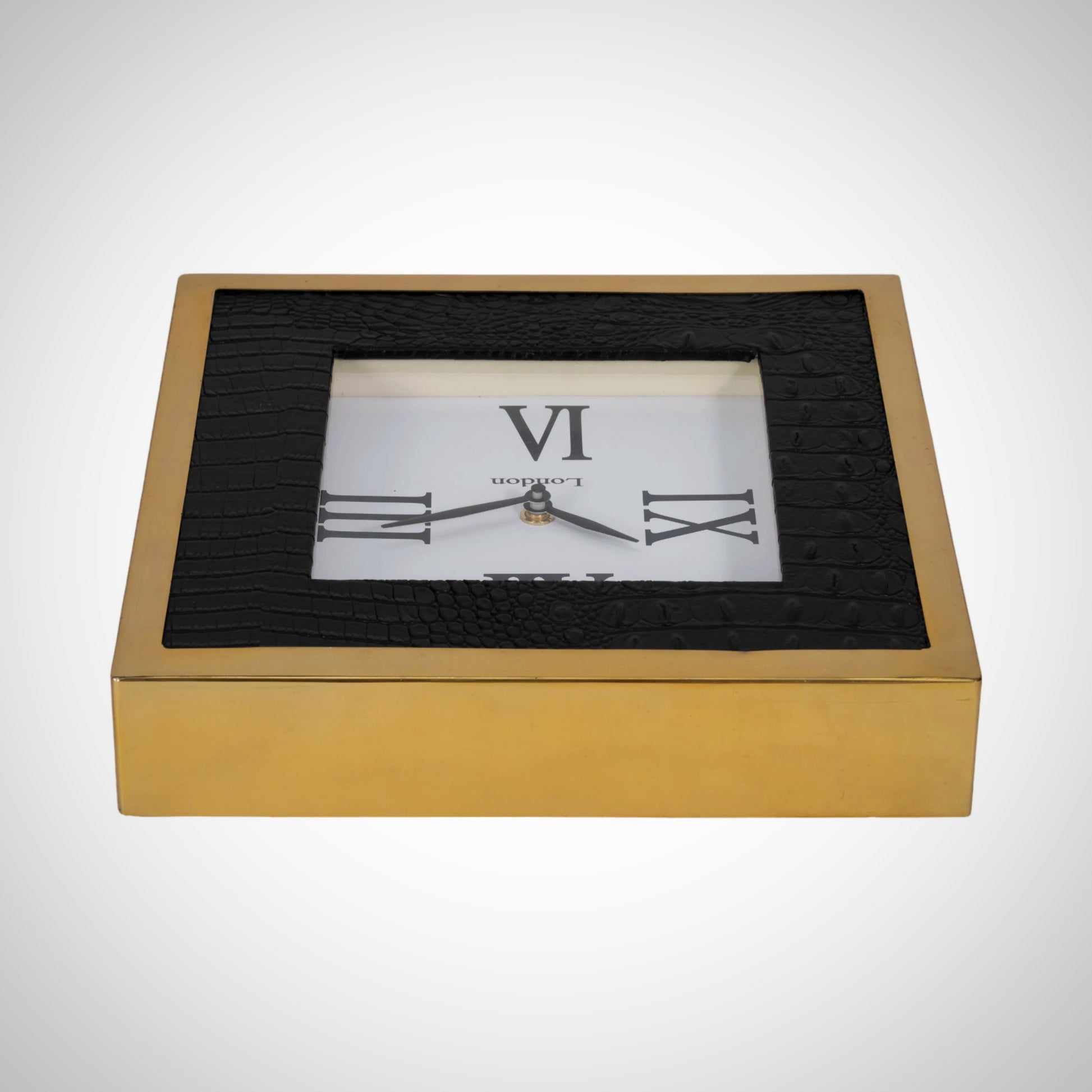 10&quot; Faux Leather Croc Square Clock, Black/gold