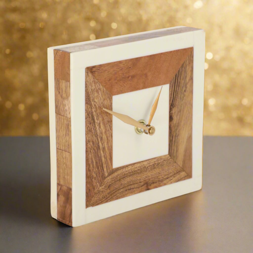 5" Square Resin Clock With Wood Inlay, Ivory/natur