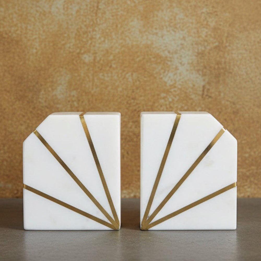 S/2 Marble 5"h Polished Bookends W/gold Inlays,wht