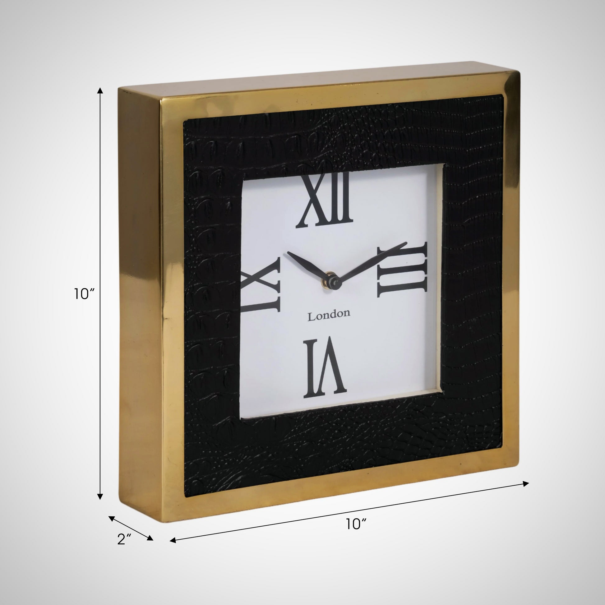 10&quot; Faux Leather Croc Square Clock, Black/gold