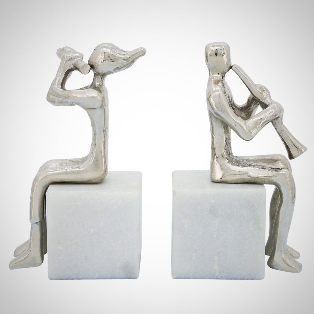 S/2 Metal Musicians On Marble Base, Silver