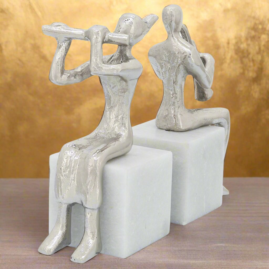 S/2 Metal Musicians On Marble Base, Silver