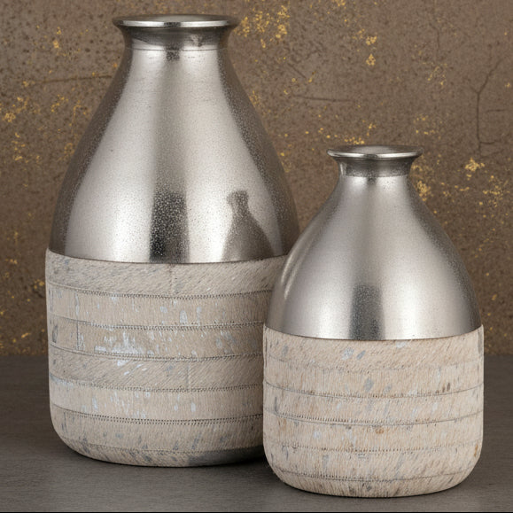 Vase Silver Metal Top Wrapped With Hair-on-Hide