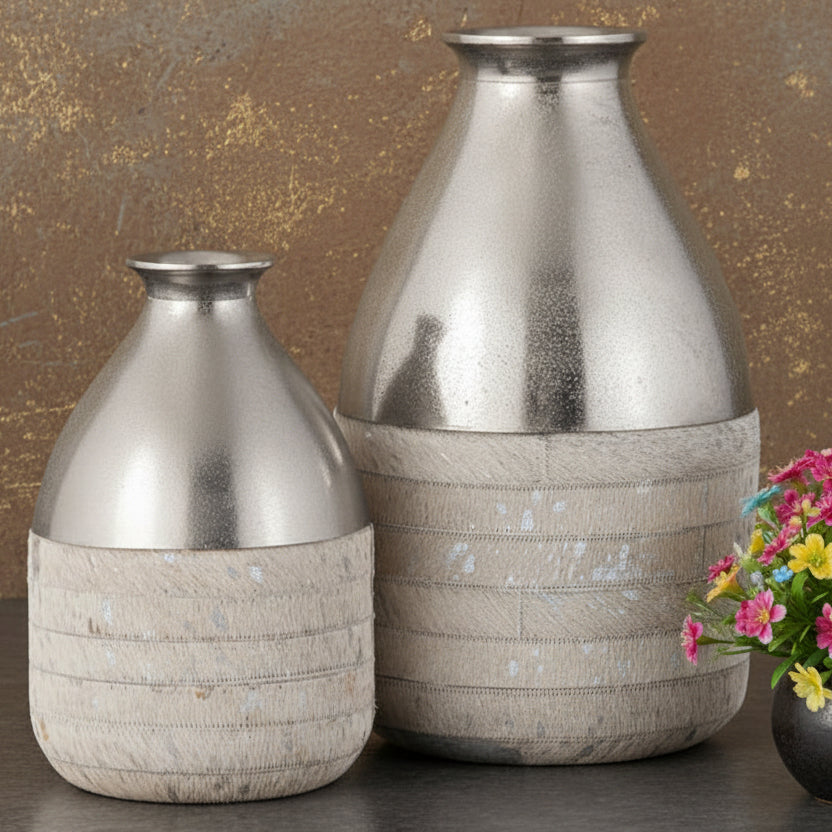 Vase Silver Metal Top Wrapped With Hair-on-Hide