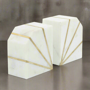 S/2 Marble 5&quot;h Polished Bookends W/gold Inlays,wht