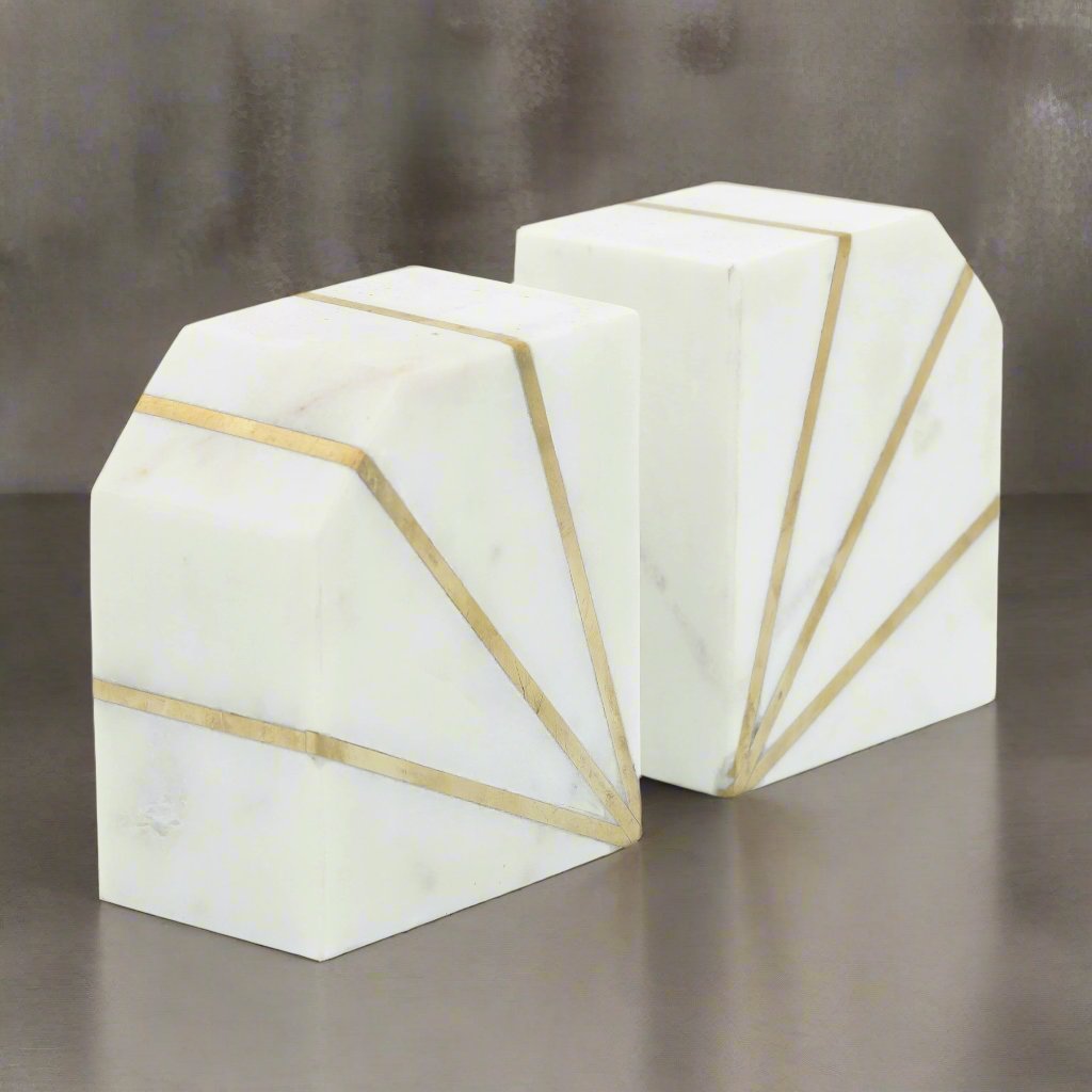 S/2 Marble 5&quot;h Polished Bookends W/gold Inlays,wht