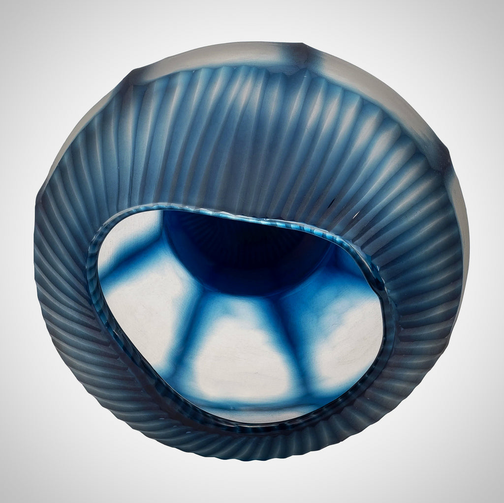 Glass, 9" Carved Bowl Blue