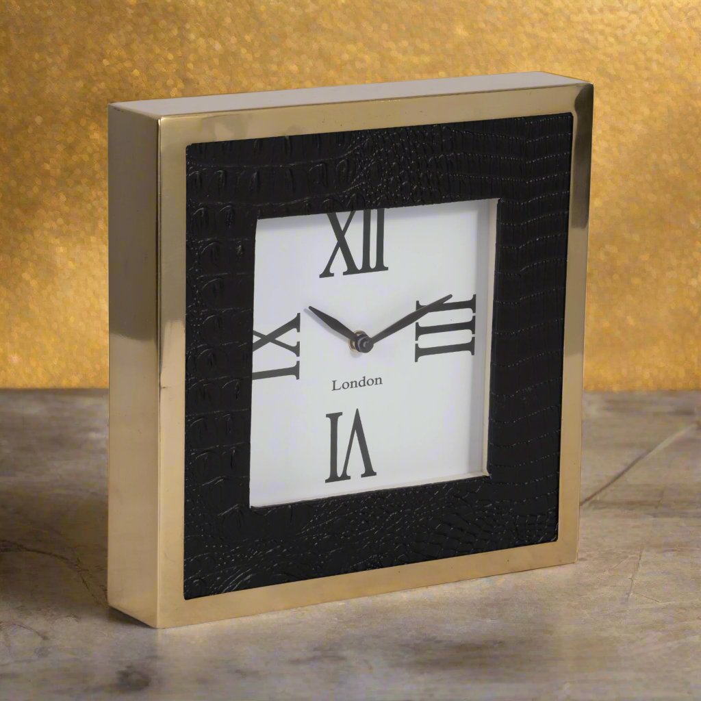 10&quot; Faux Leather Croc Square Clock, Black/gold