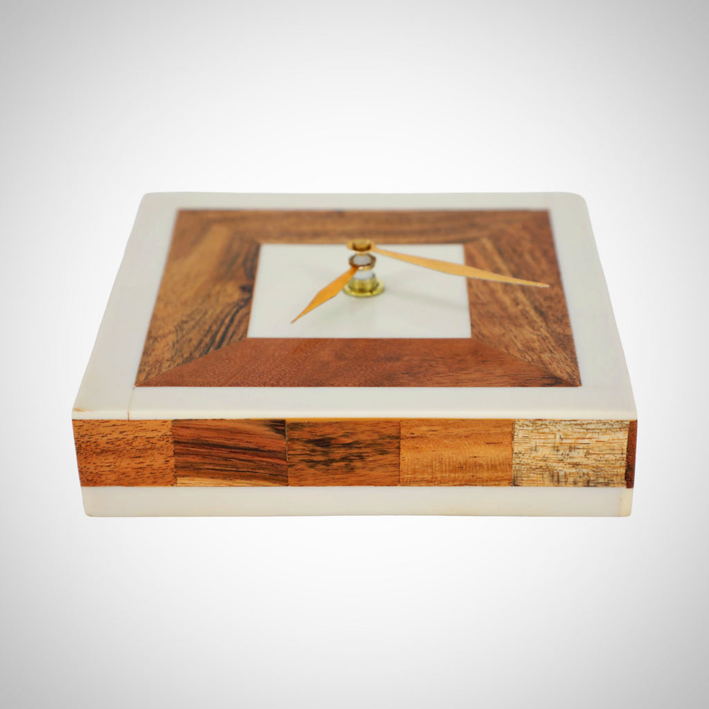 5" Square Resin Clock With Wood Inlay, Ivory/natur