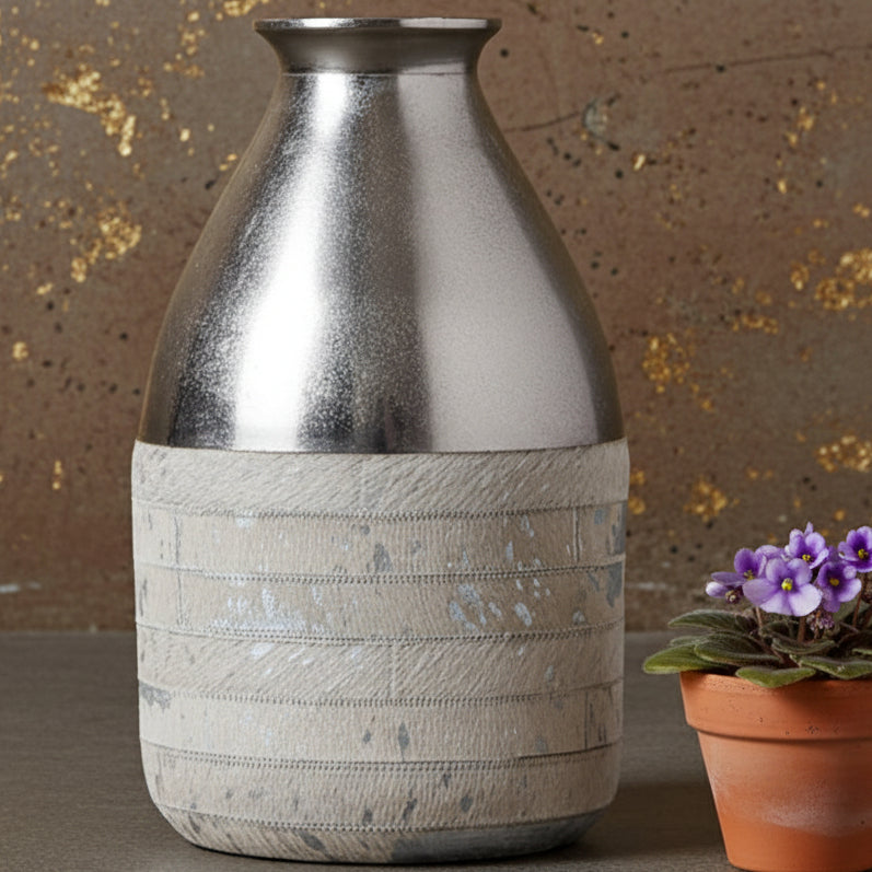 Vase Silver Metal Top Wrapped With Hair-on-Hide