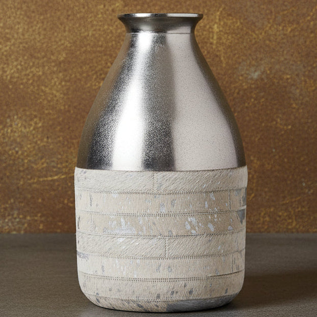 Vase Silver Metal Top Wrapped With Hair-on-Hide