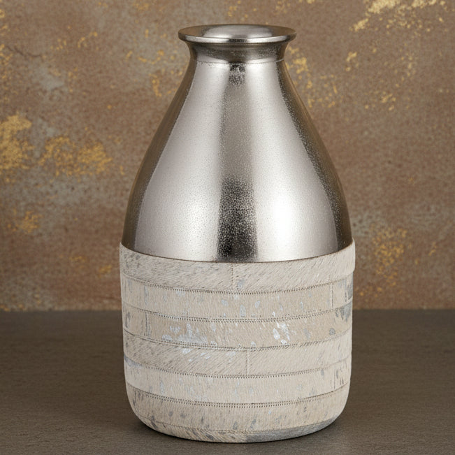 Vase Silver Metal Top Wrapped With Hair-on-Hide