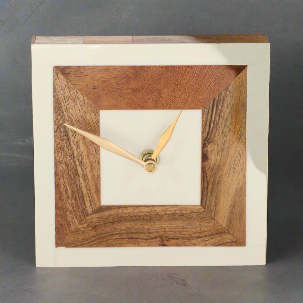 5" Square Resin Clock With Wood Inlay, Ivory/natur